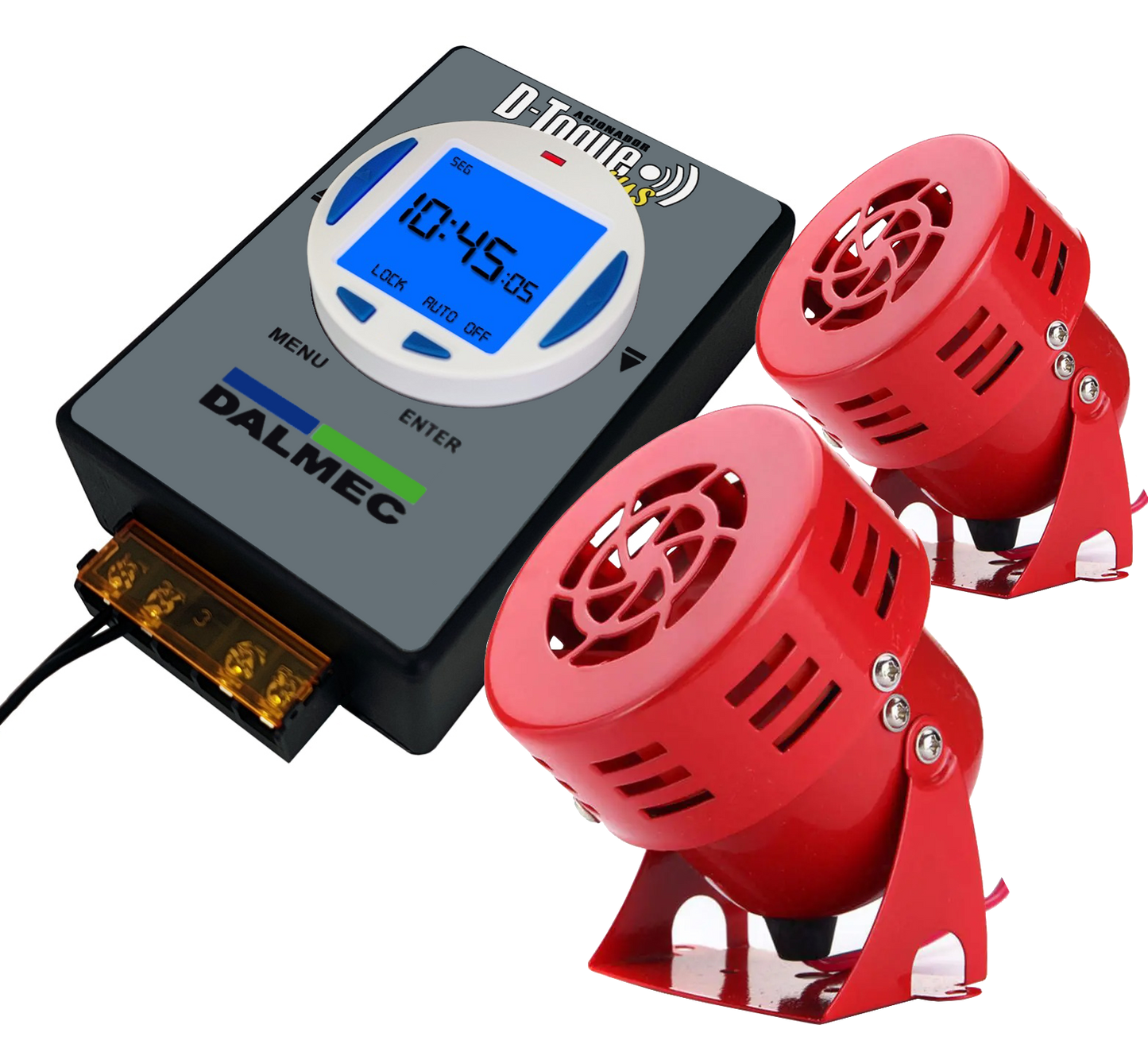 Relógio Acionador de Sirene Dtoque Plus + 2 Sirenes Rotativa D400 - Kit 3 Unidades